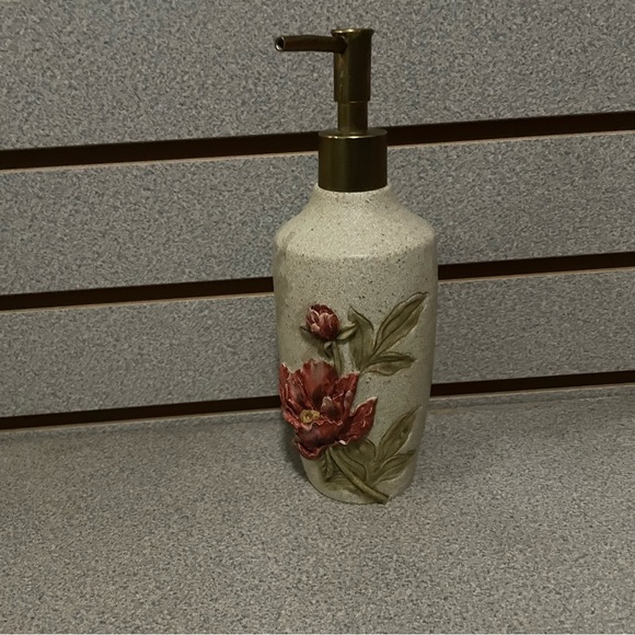 Beige Reddish Orange Flowered Soap Lotion Dispenser‎ - Picture 1 of 5